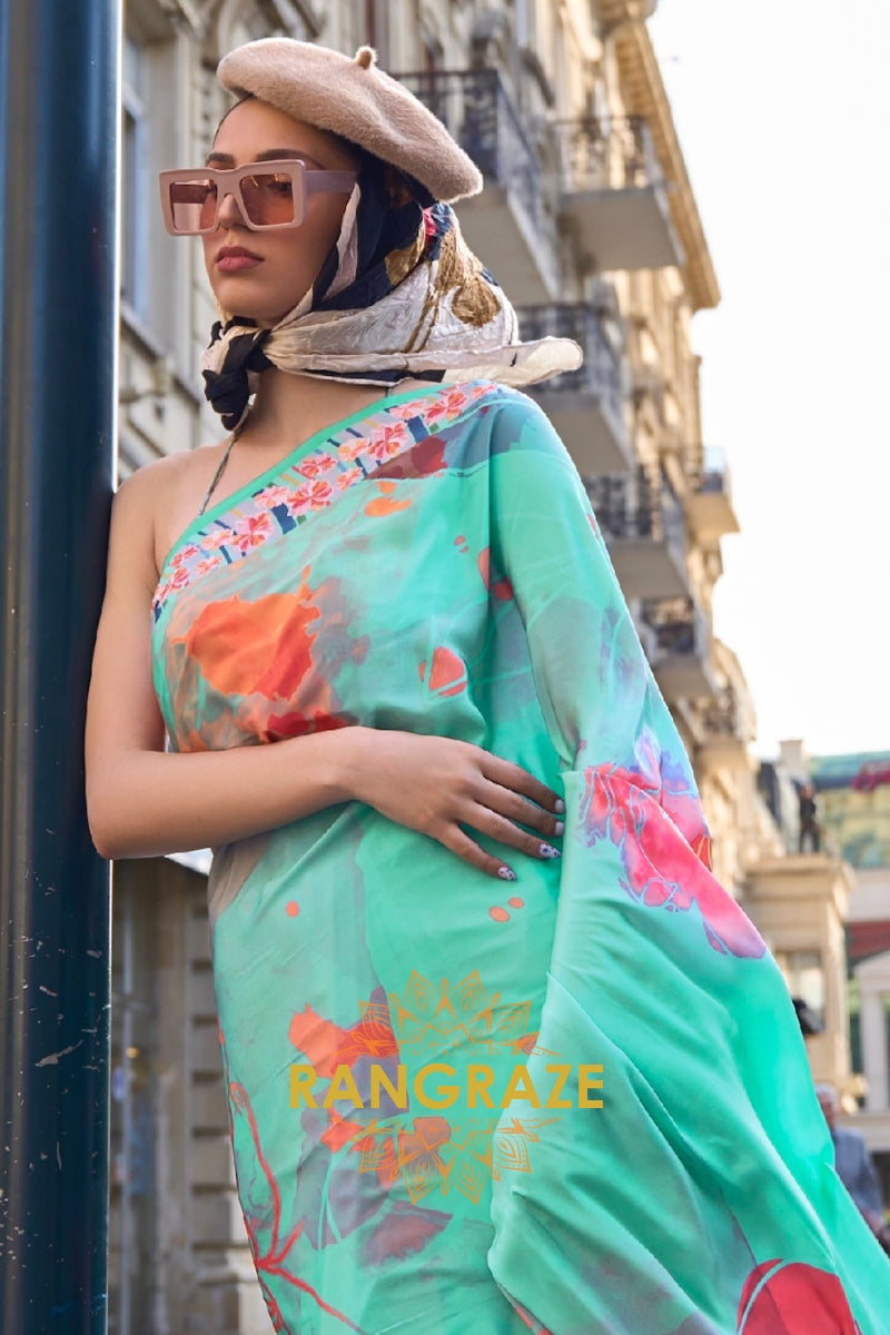 Turquoise Green Apex Pure Satin Silk Digital Print Saree