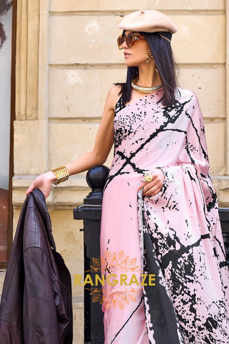 Rajwada Pink Satin Silk Printed Saree