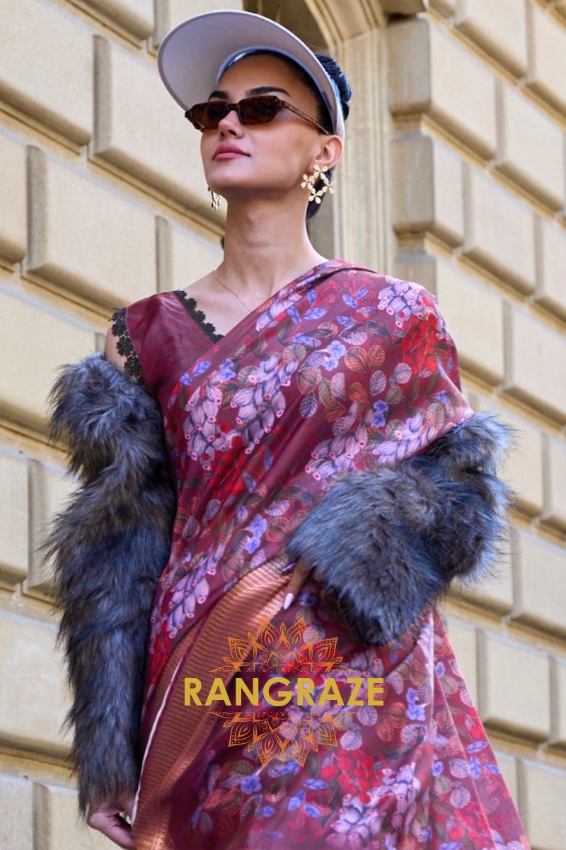 Orchid Purple Floral Print Satin Organza Weaving Saree
