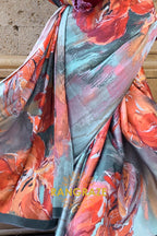 Stunning Floral Orange Digital Print Satin Soft Silk Saree