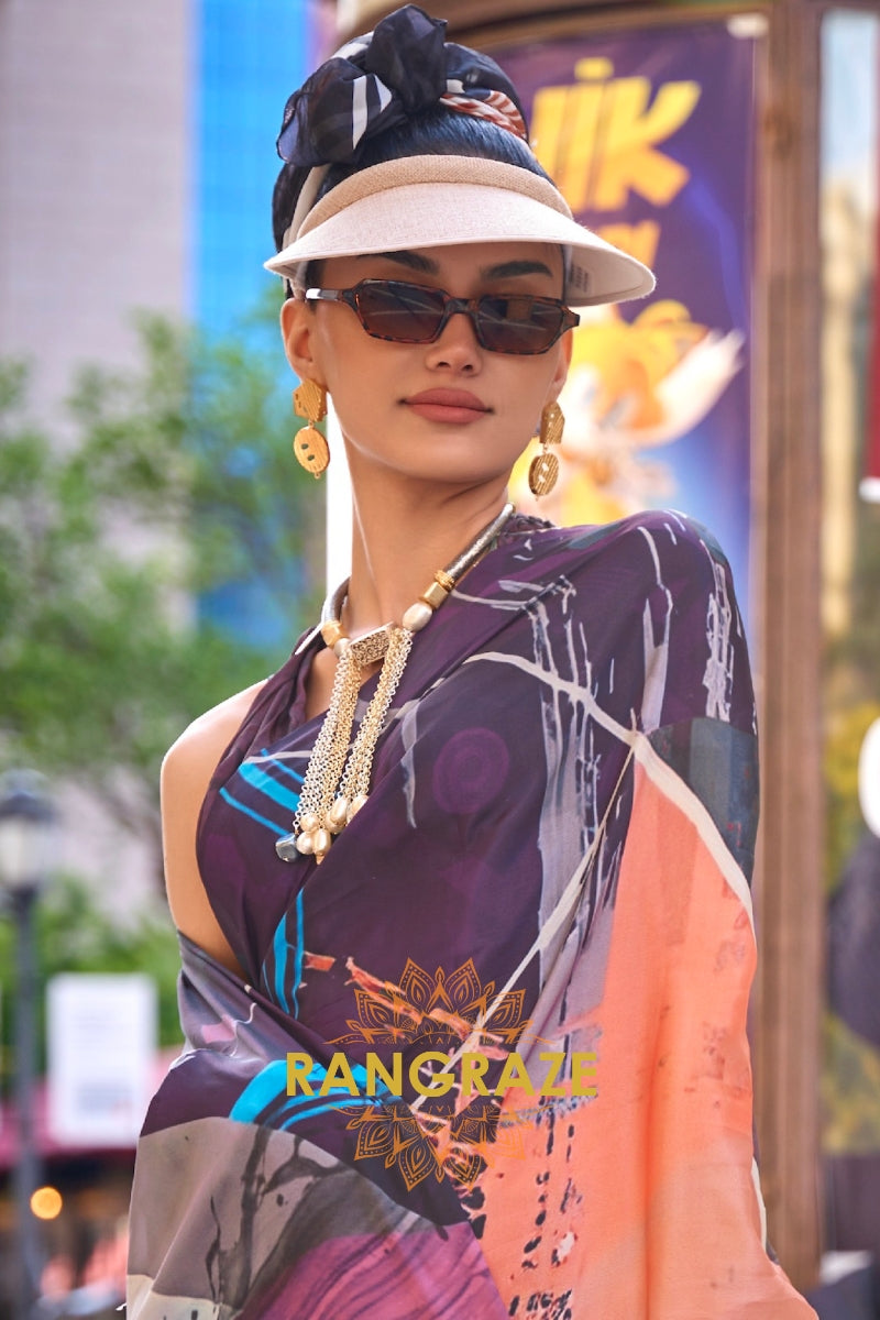 Purple Blue Apex Pure Satin Silk Digital Print Saree