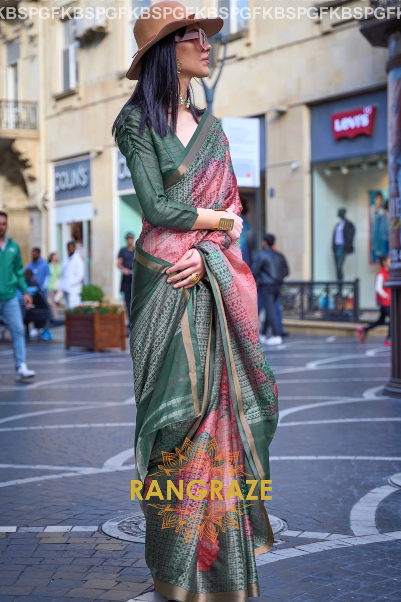 Timeless Olive Green Print Handloom Weaving Viscose Silk Saree