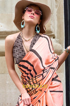 Sparkling Peach Orange Soft Satin Silk Print Saree
