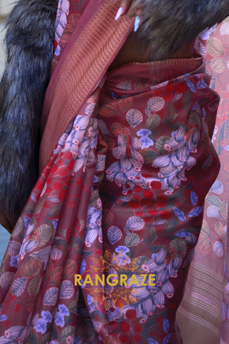 Orchid Purple Floral Print Satin Organza Weaving Saree