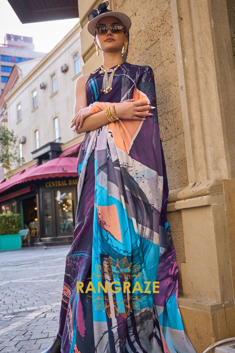 Purple Blue Apex Pure Satin Silk Digital Print Saree