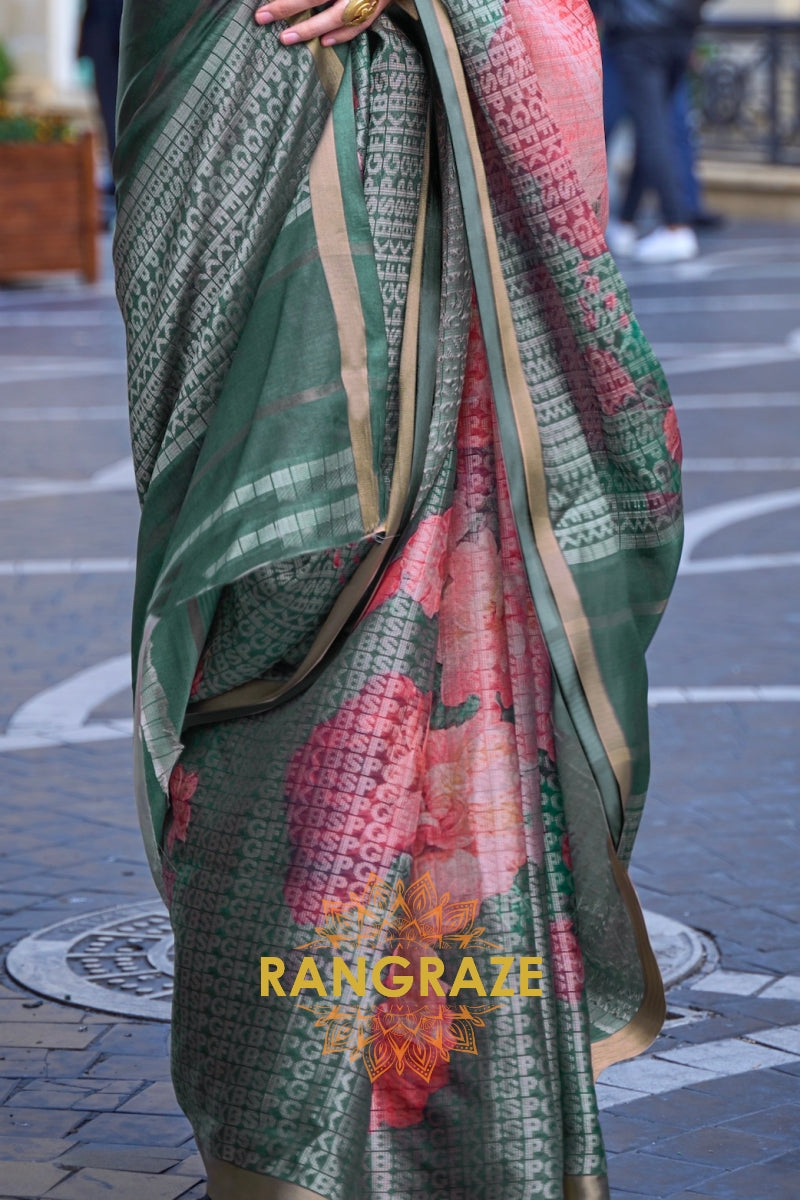 Timeless Olive Green Print Handloom Weaving Viscose Silk Saree