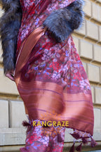 Orchid Purple Floral Print Satin Organza Weaving Saree