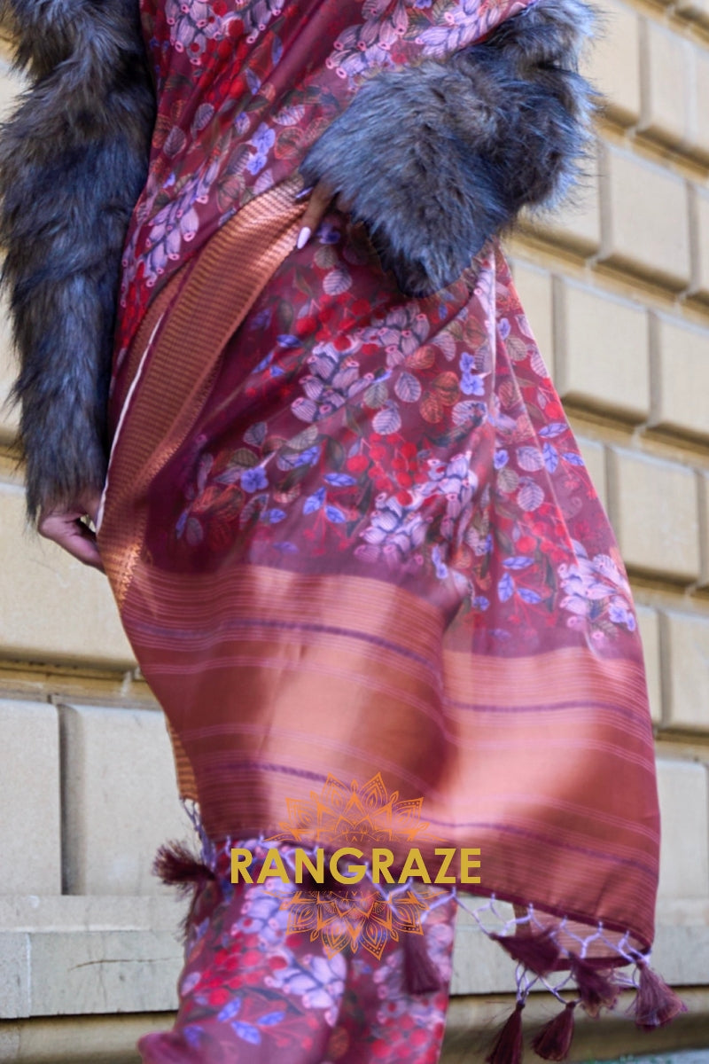 Orchid Purple Floral Print Satin Organza Weaving Saree