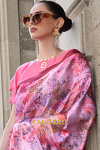 Stunning Floral Pink Digital Print Satin Soft Silk Saree
