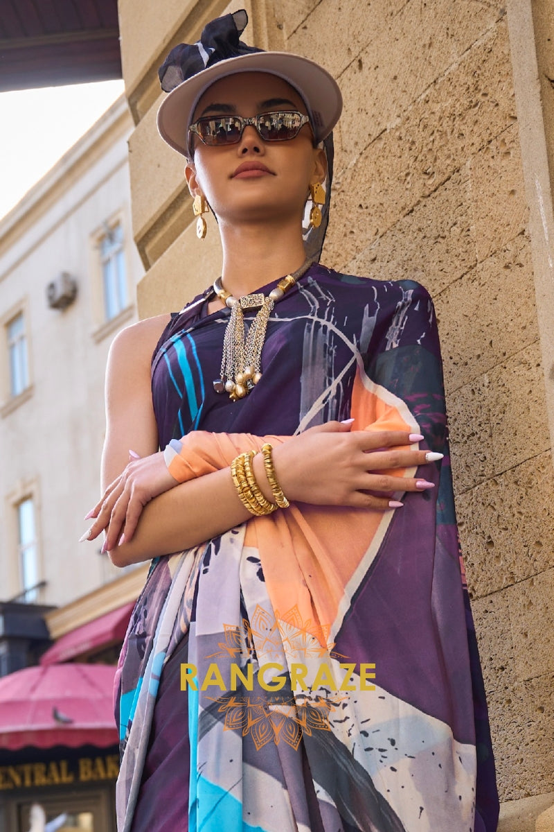 Purple Blue Apex Pure Satin Silk Digital Print Saree