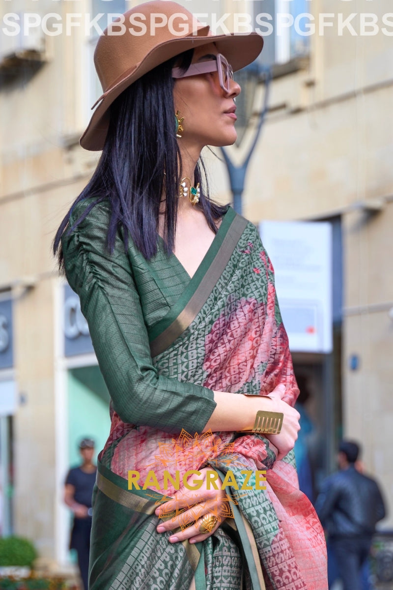 Timeless Olive Green Print Handloom Weaving Viscose Silk Saree