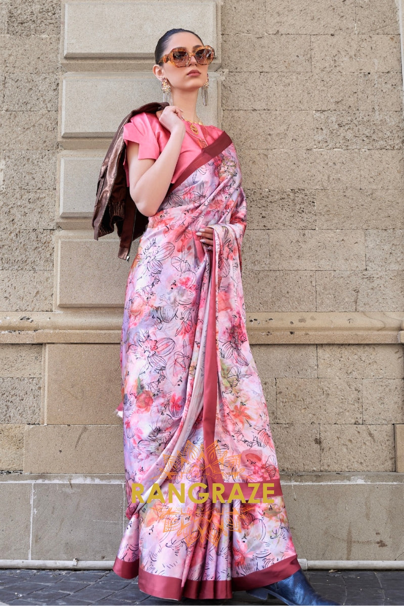 Stunning Floral Pink Digital Print Satin Soft Silk Saree