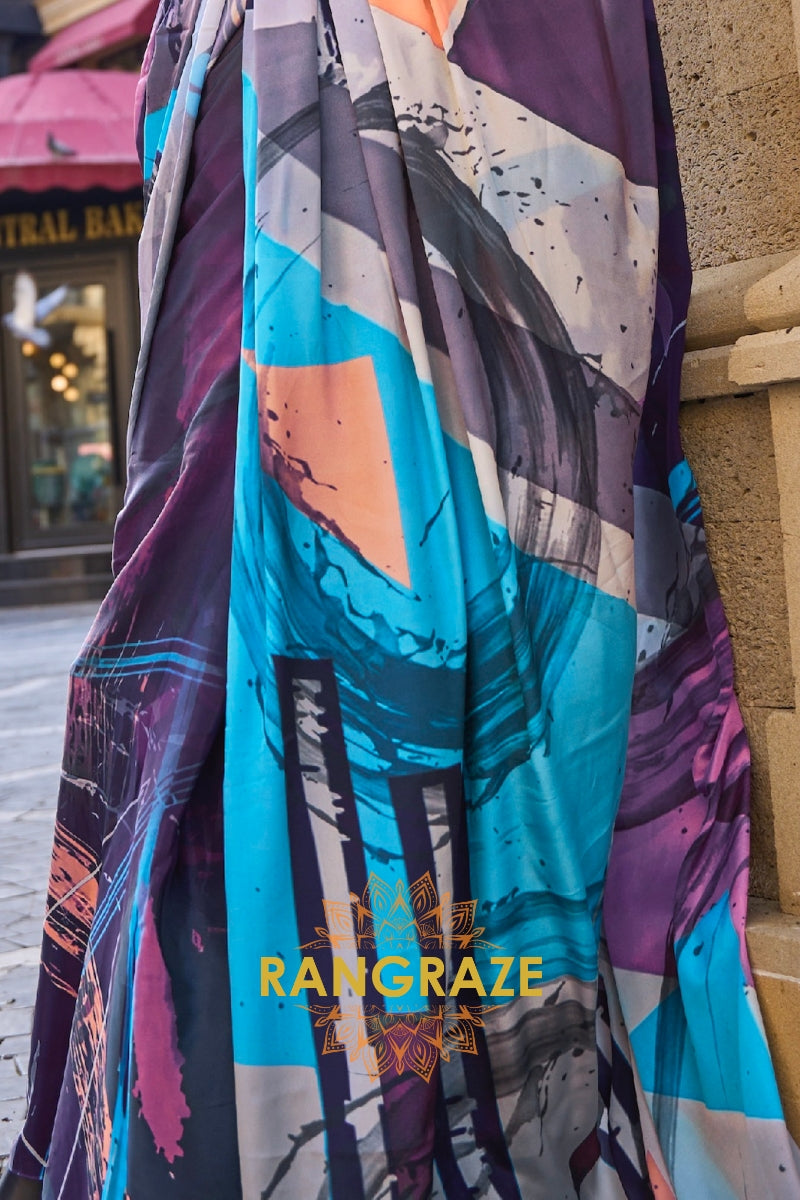 Purple Blue Apex Pure Satin Silk Digital Print Saree