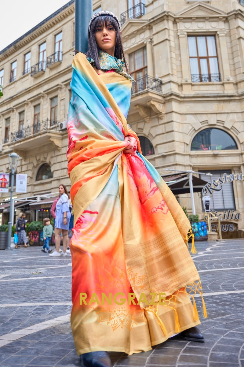 Pinkish Yellow Floral Pure Gajji Silk Print Handloom Weaving