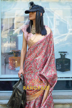 Orchid Pinkish Beige Floral Print Satin Organza Weaving Saree