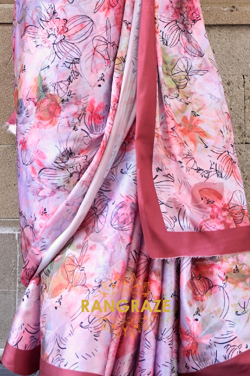 Stunning Floral Pink Digital Print Satin Soft Silk Saree