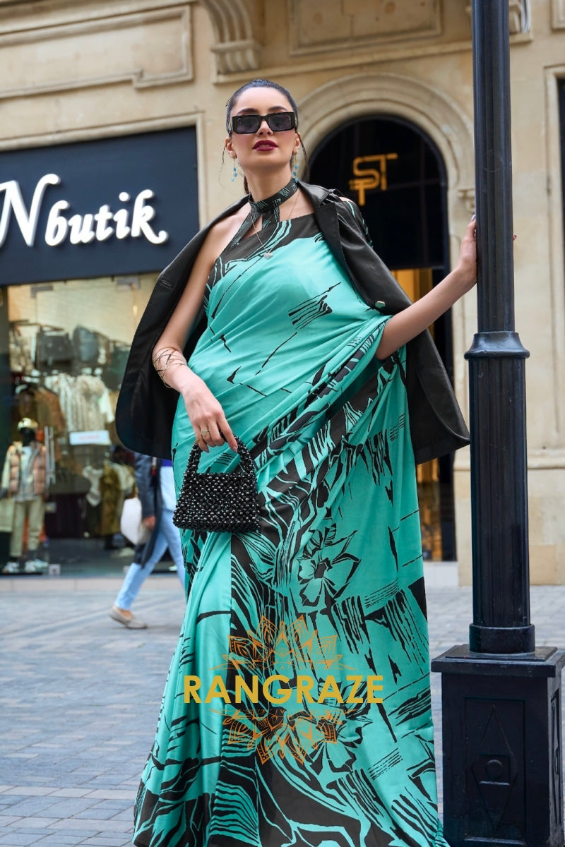 Sparkling Turquoise Soft Satin Silk Print Saree