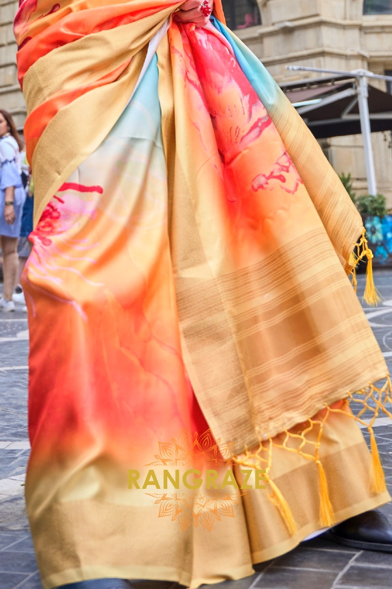 Pinkish Yellow Floral Pure Gajji Silk Print Handloom Weaving