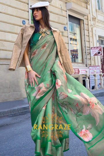 Orchid Green Floral Print Satin Organza Weaving Saree