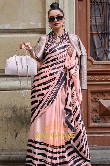 Sparkling Pearly Pink Soft Satin Silk Print Saree