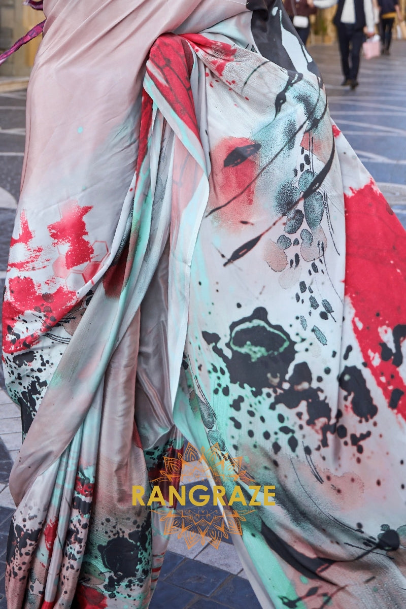 Pinkish Green Apex Pure Satin Silk Digital Print Saree