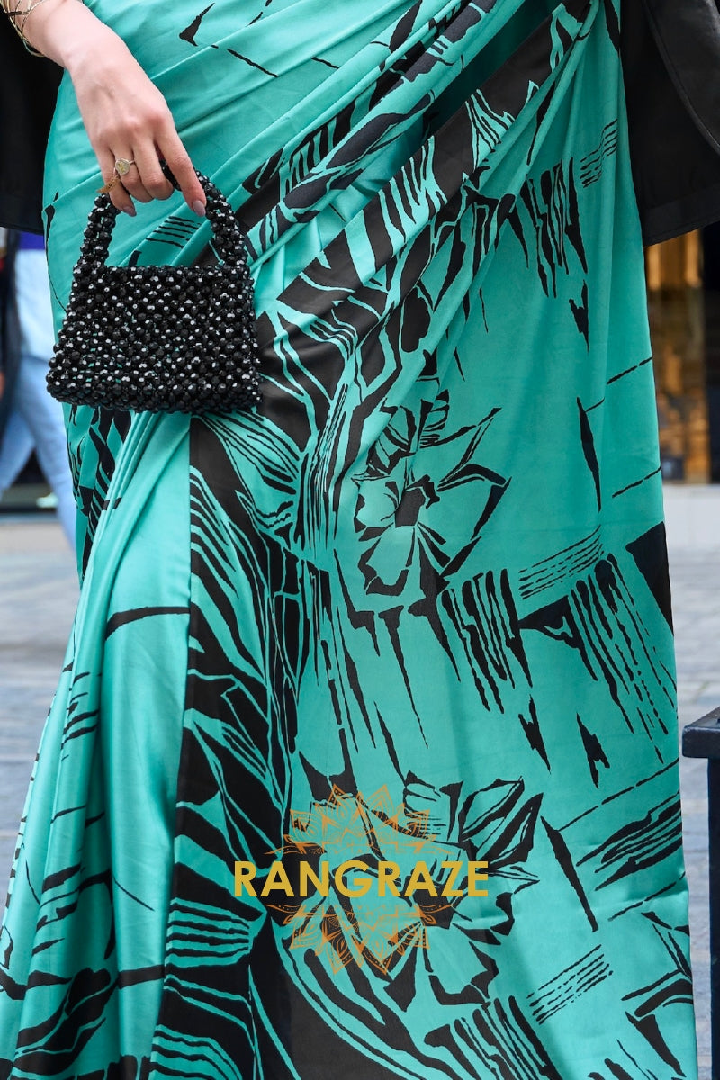 Sparkling Turquoise Soft Satin Silk Print Saree