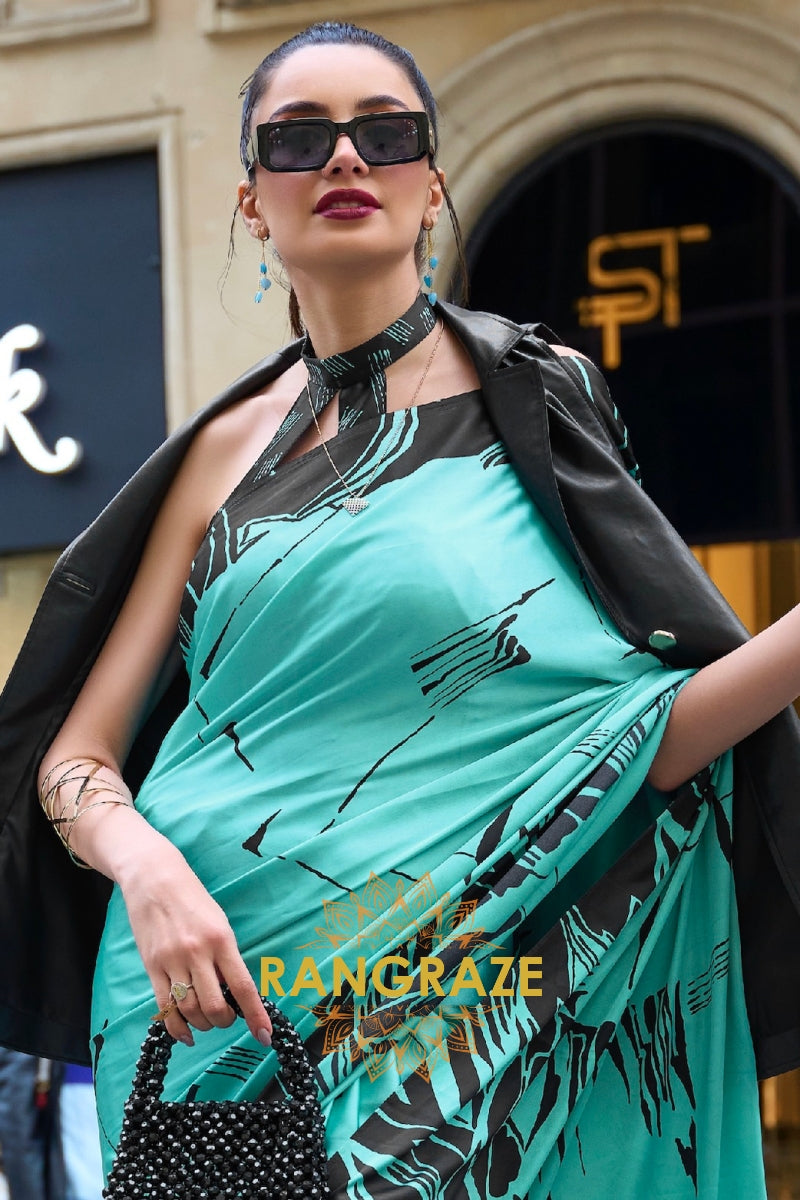 Sparkling Turquoise Soft Satin Silk Print Saree