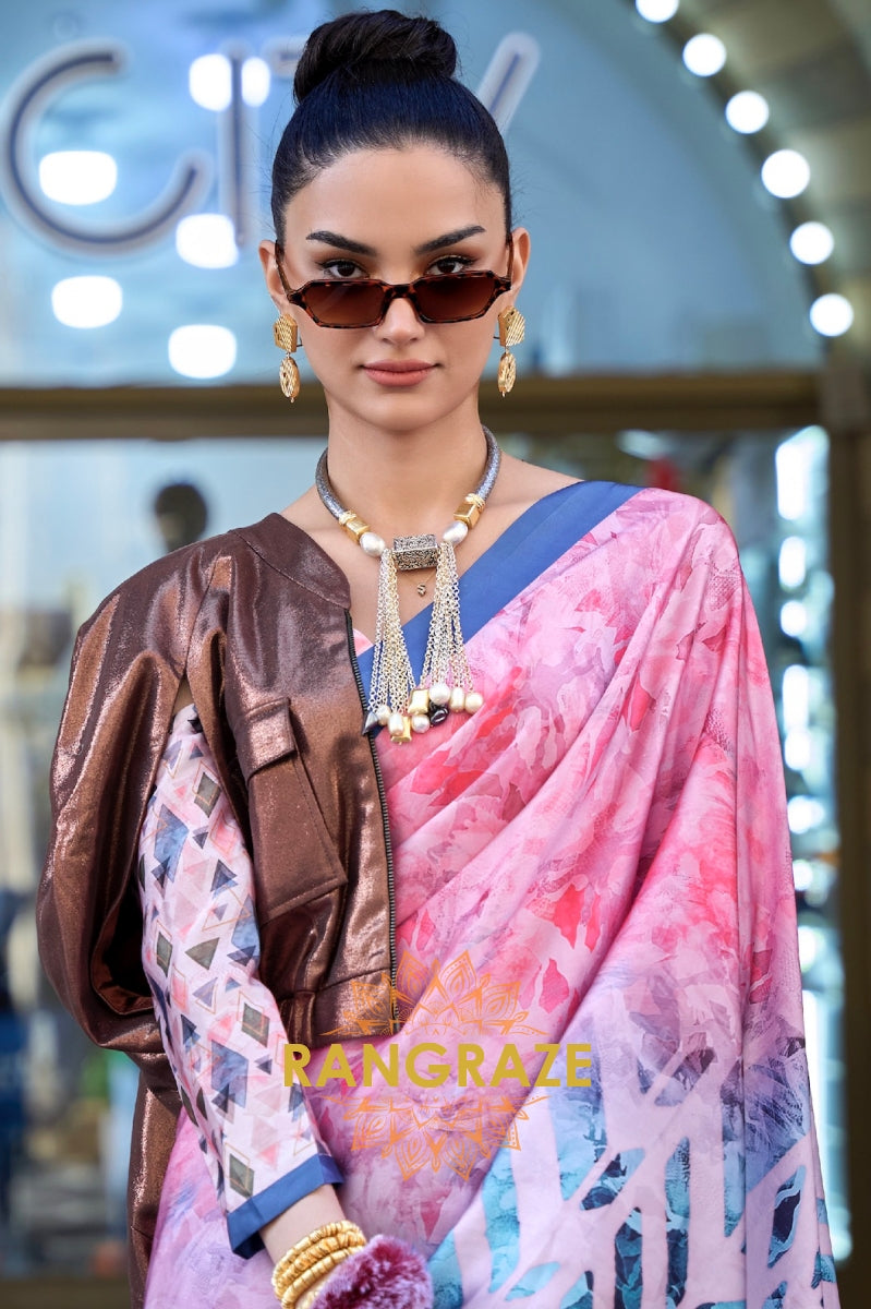 Stunning Azure Blue Digital Print Satin Soft Silk Saree