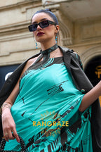 Sparkling Turquoise Soft Satin Silk Print Saree