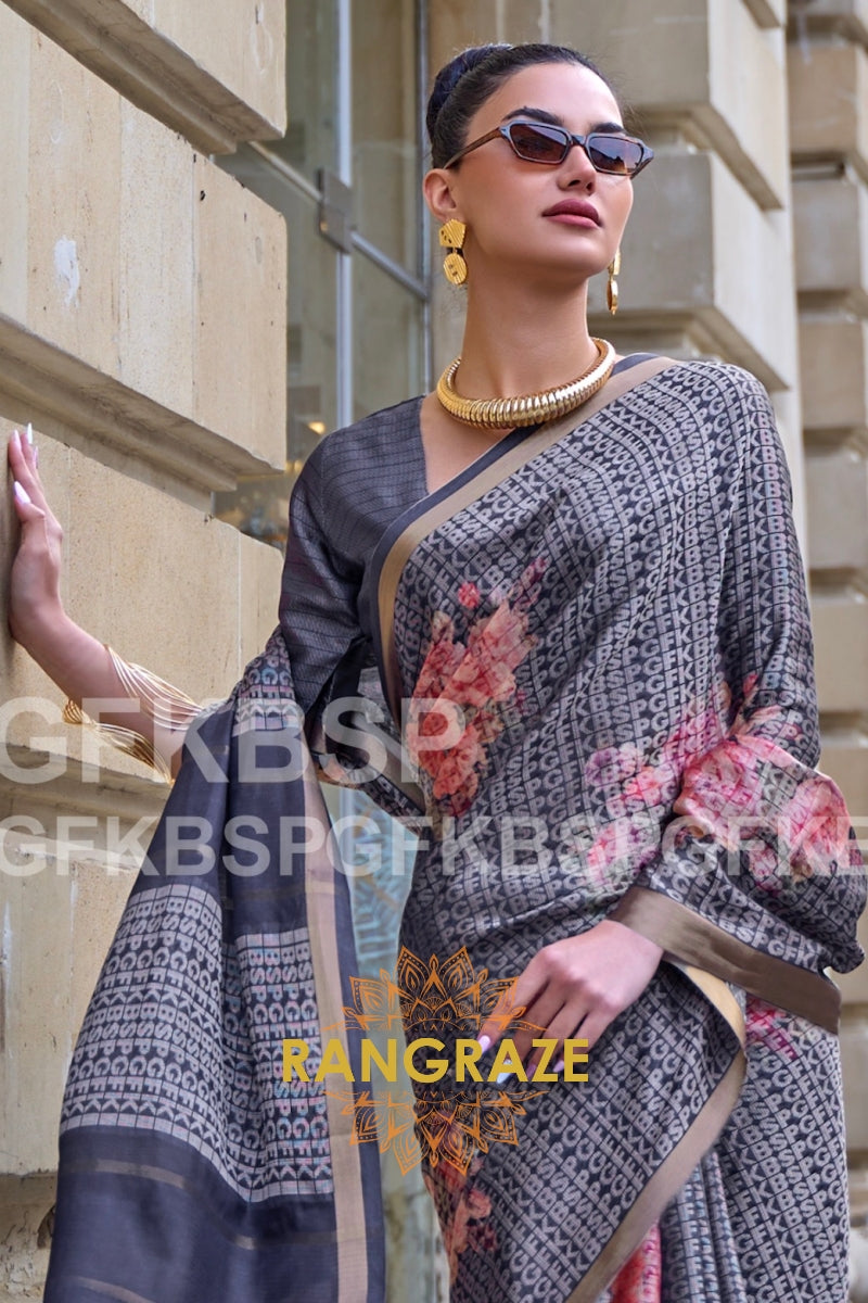 Timeless Black Print Handloom Weaving Viscose Silk Saree