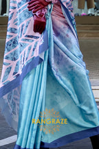 Stunning Azure Blue Digital Print Satin Soft Silk Saree