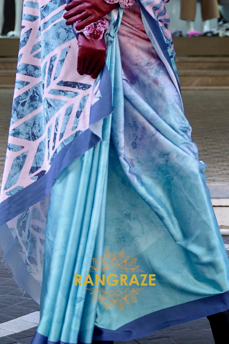 Stunning Azure Blue Digital Print Satin Soft Silk Saree