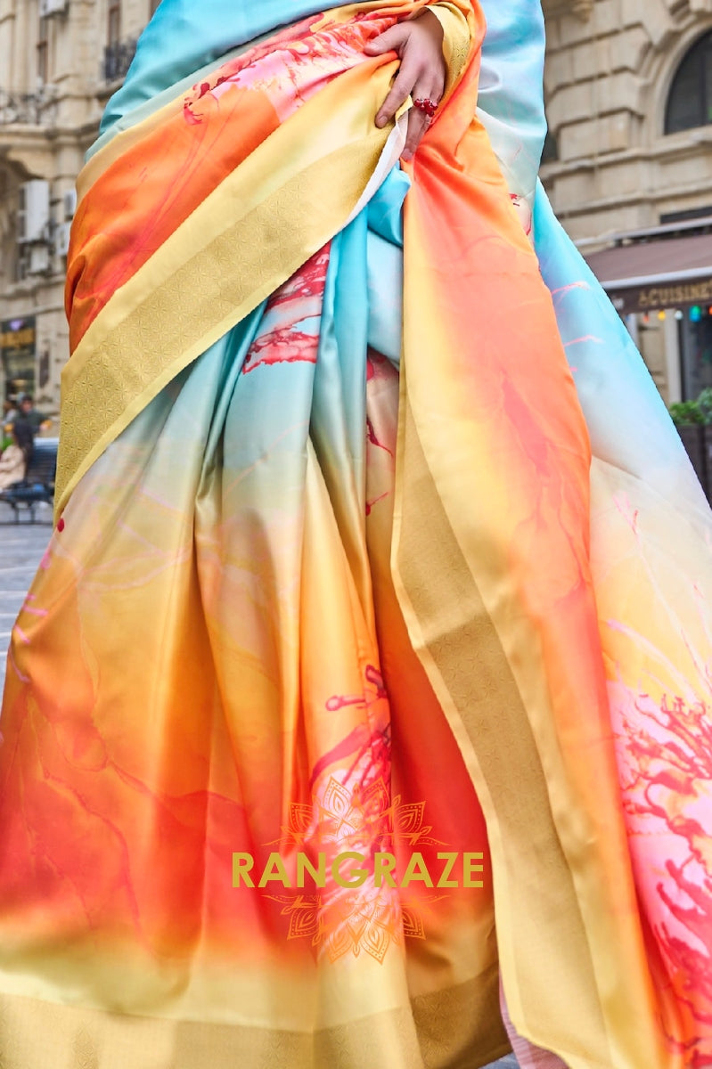 Pinkish Yellow Floral Pure Gajji Silk Print Handloom Weaving