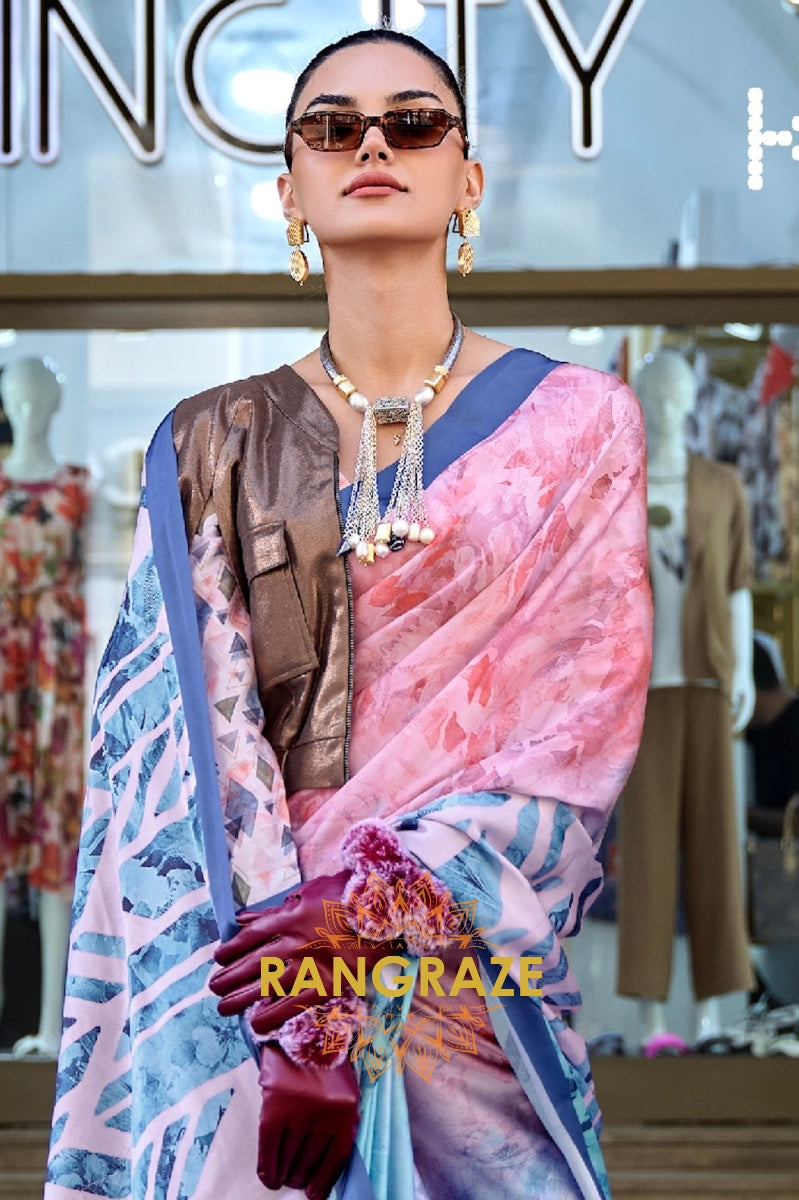 Stunning Azure Blue Digital Print Satin Soft Silk Saree