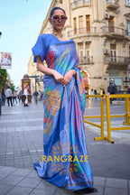 Timeless Lapis Blue Print Viscose Handloom Weaving Viscose Silk Saree