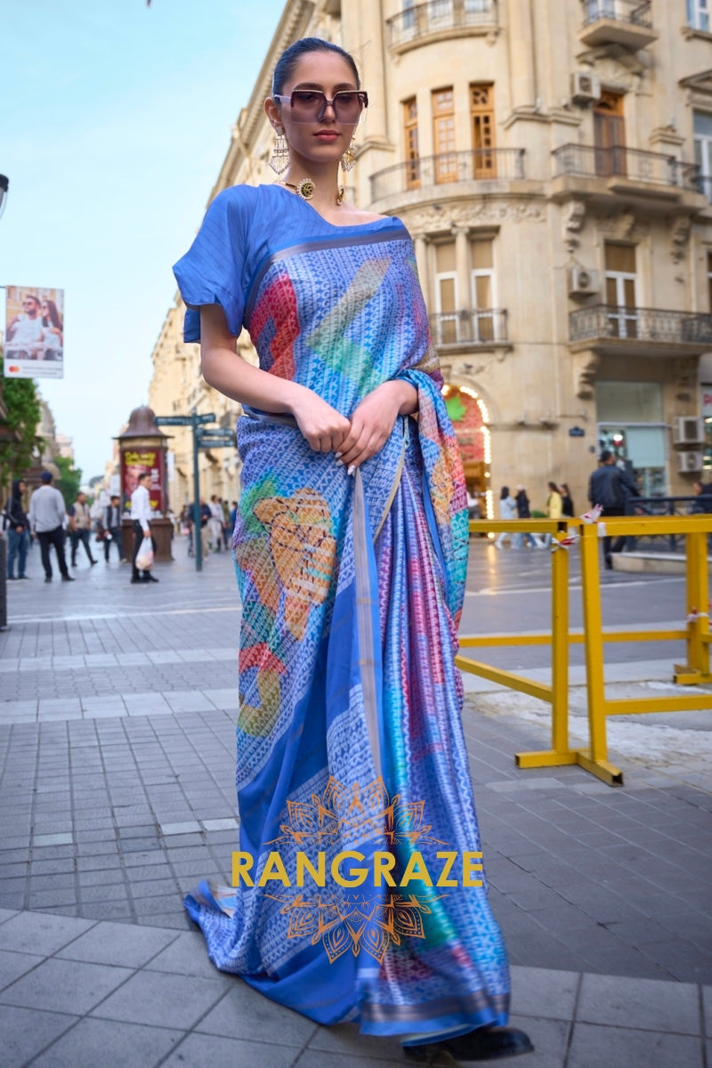Timeless Lapis Blue Print Viscose Handloom Weaving Viscose Silk Saree