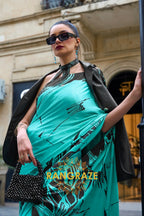 Sparkling Turquoise Soft Satin Silk Print Saree