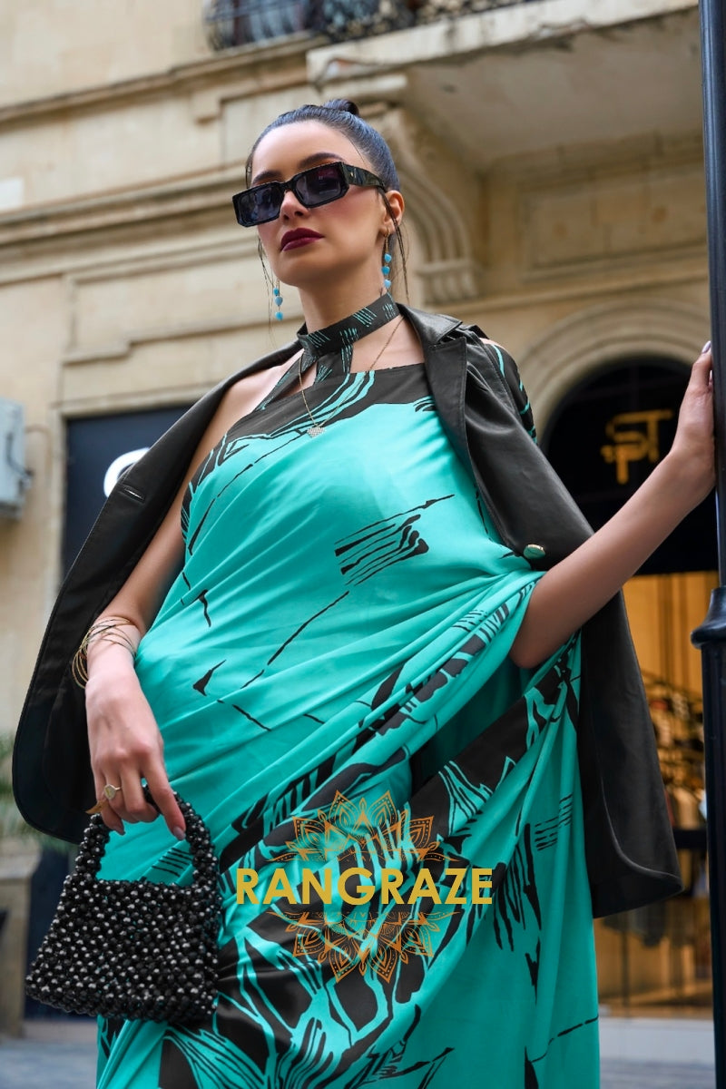 Sparkling Turquoise Soft Satin Silk Print Saree