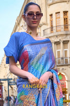 Timeless Lapis Blue Print Viscose Handloom Weaving Viscose Silk Saree