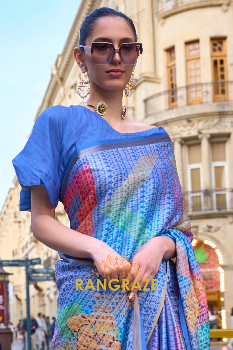 Timeless Lapis Blue Print Viscose Handloom Weaving Viscose Silk Saree