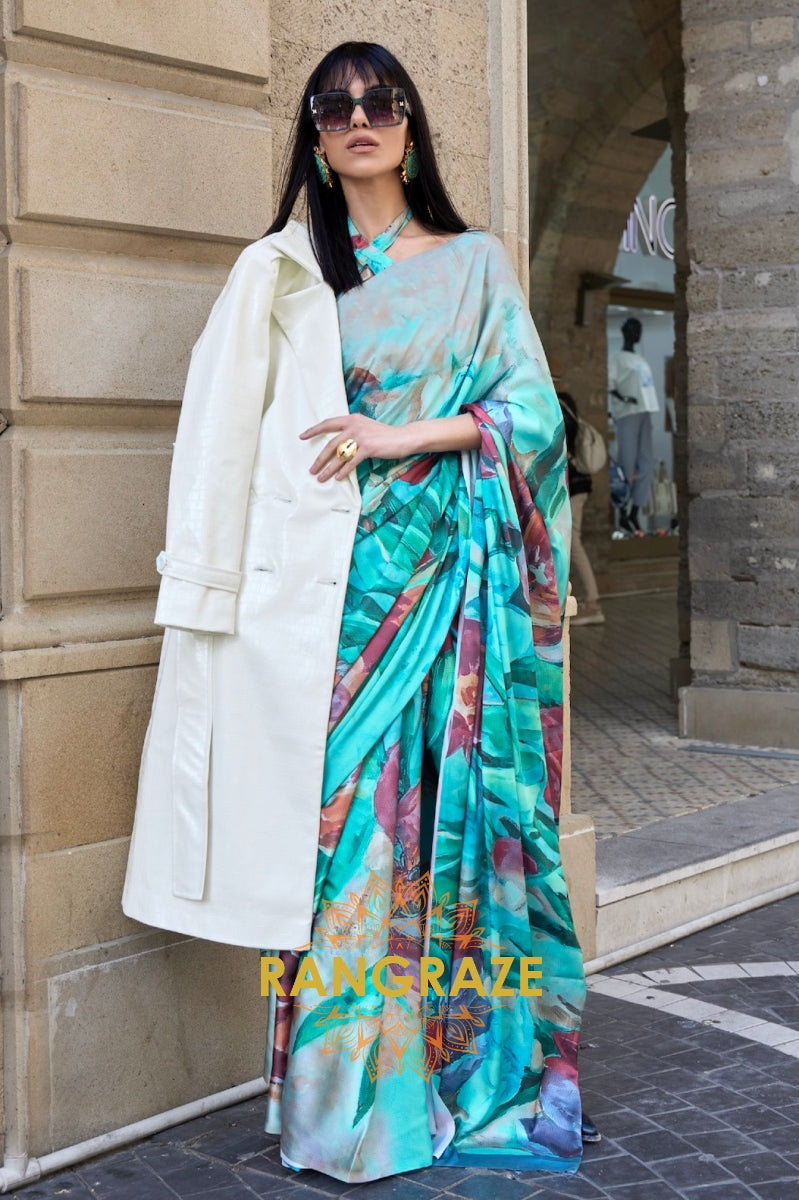 Stunning Turquoise Digital Print Satin Soft Silk Saree