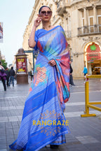 Timeless Lapis Blue Print Viscose Handloom Weaving Viscose Silk Saree