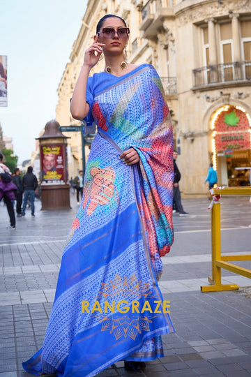 Timeless Lapis Blue Print Viscose Handloom Weaving Viscose Silk Saree