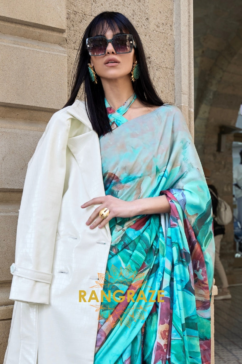 Stunning Turquoise Digital Print Satin Soft Silk Saree