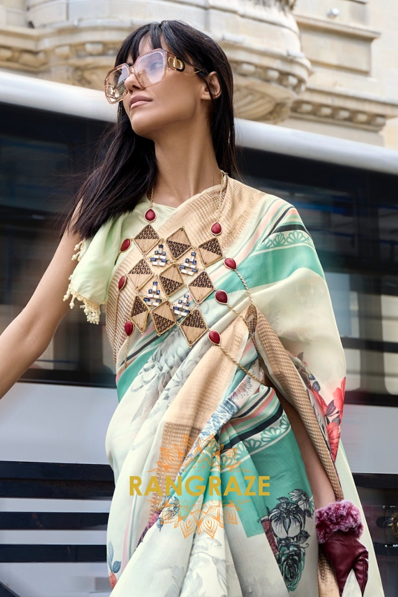Orchid Beige Print Satin Organza Weaving Saree
