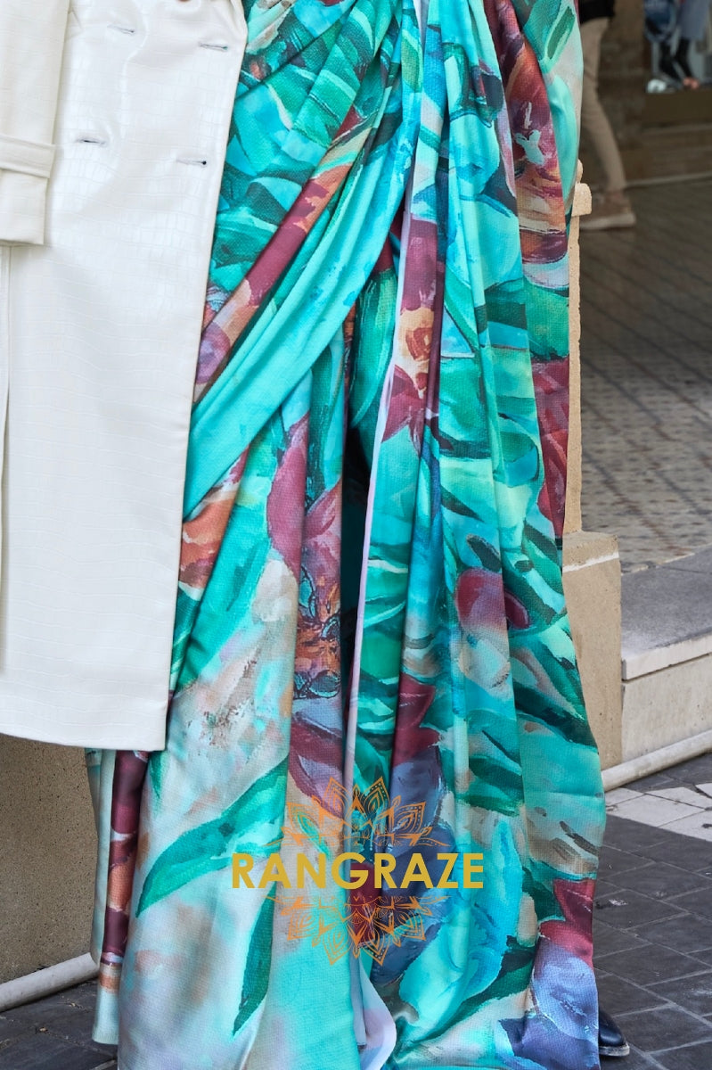 Stunning Turquoise Digital Print Satin Soft Silk Saree