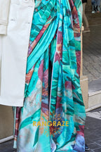 Stunning Turquoise Digital Print Satin Soft Silk Saree