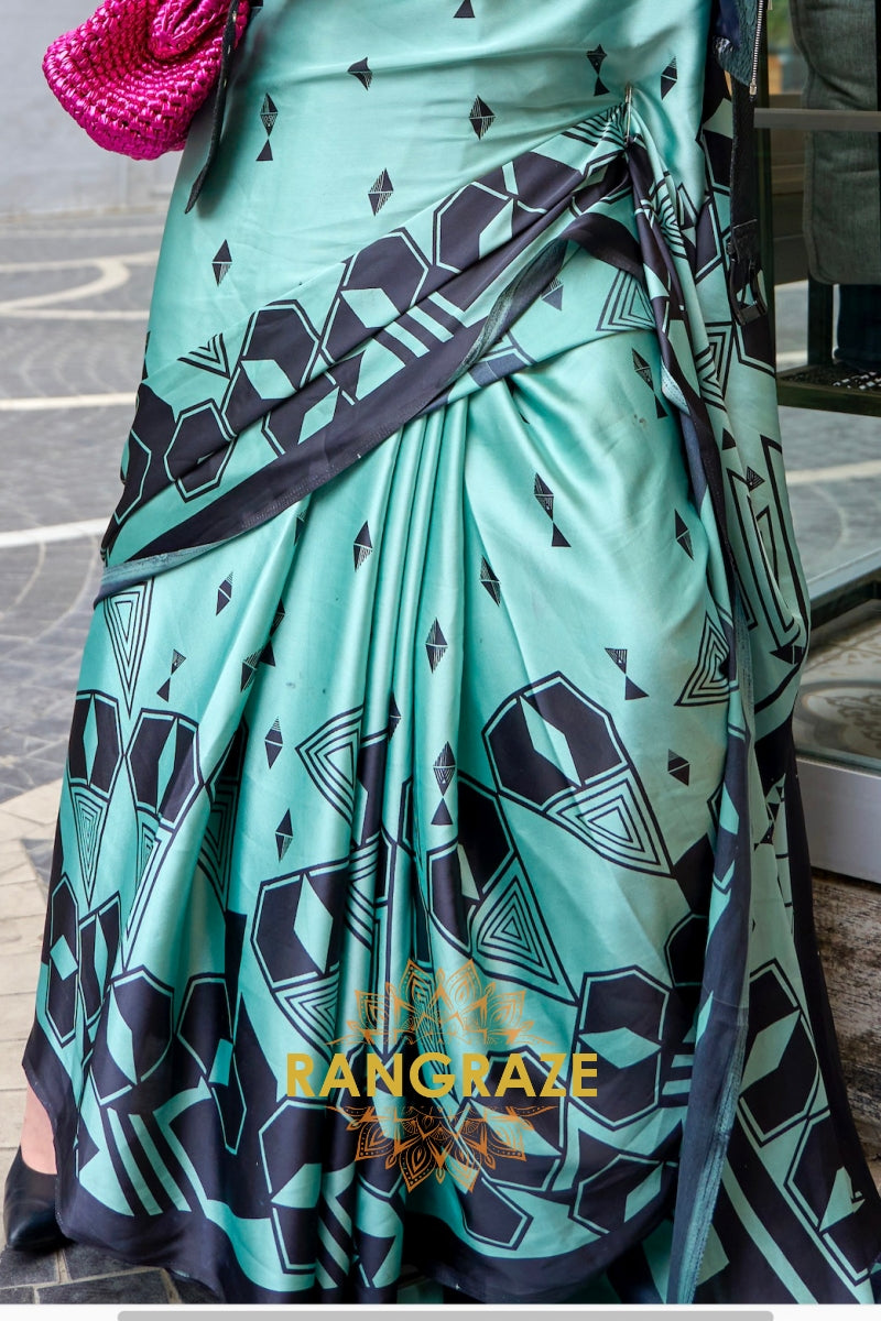 Sparkling Sky Blue Soft Satin Silk Print Saree