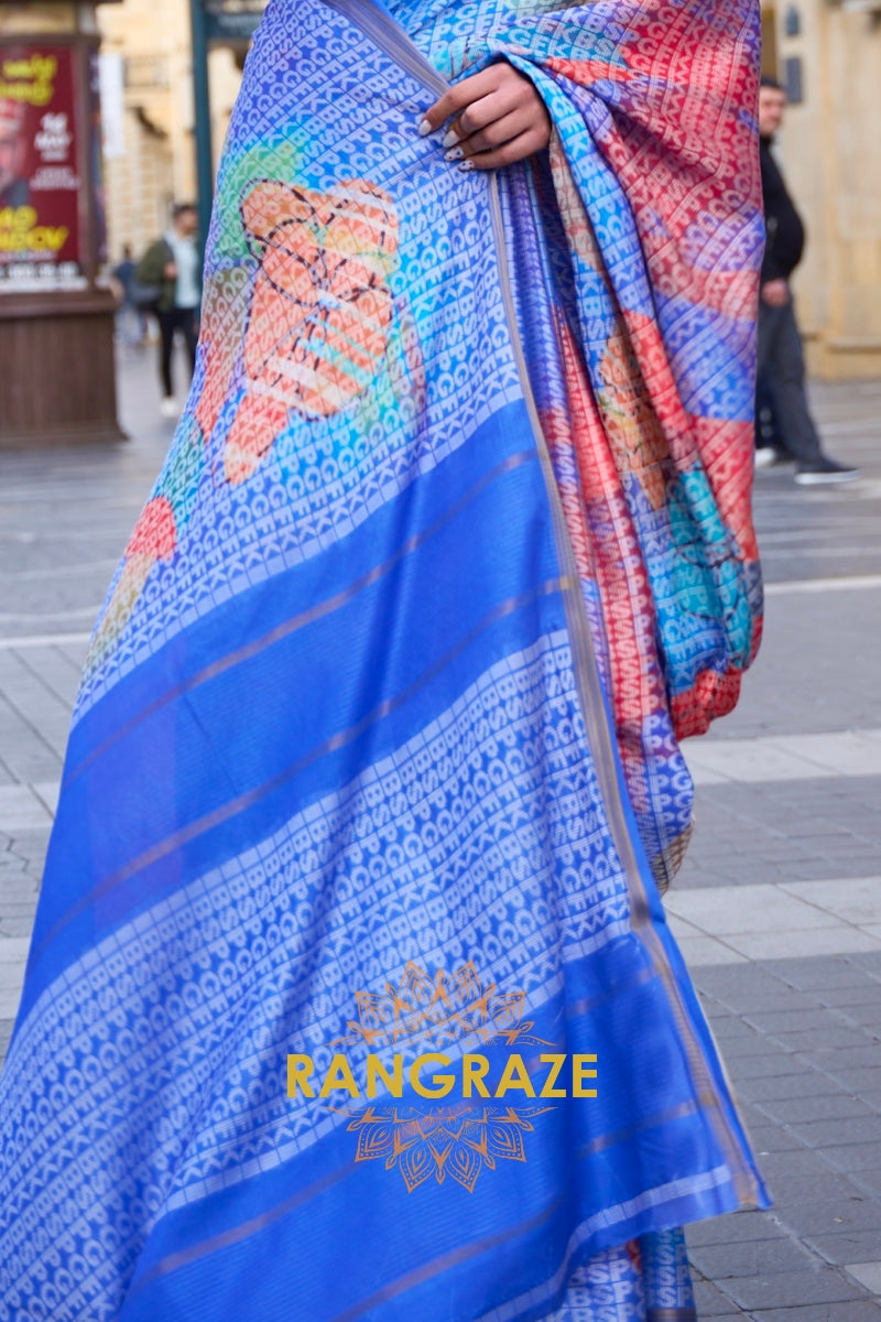 Timeless Lapis Blue Print Viscose Handloom Weaving Viscose Silk Saree