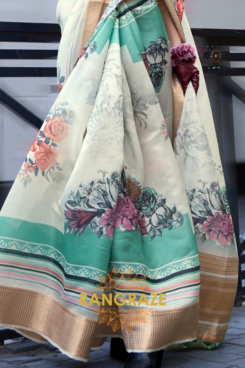 Orchid Beige Print Satin Organza Weaving Saree